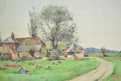 Lot 1063 - John Macintosh Macintosh (1847-1913) three watercolours - Bucklebury Common, 25cm x 37cm, Rural Farmstead, 25cm x 44cm and 'In the Lambourn Valley', 24cm x 29cm, each signed or monogrammed, in glaz...