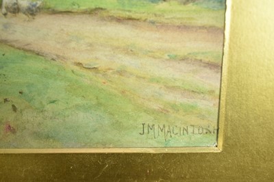 Lot 1063 - John Macintosh Macintosh (1847-1913) three watercolours - Bucklebury Common, 25cm x 37cm, Rural Farmstead, 25cm x 44cm and 'In the Lambourn Valley', 24cm x 29cm, each signed or monogrammed, in glaz...