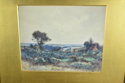 Lot 1063 - John Macintosh Macintosh (1847-1913) three watercolours - Bucklebury Common, 25cm x 37cm, Rural Farmstead, 25cm x 44cm and 'In the Lambourn Valley', 24cm x 29cm, each signed or monogrammed, in glaz...
