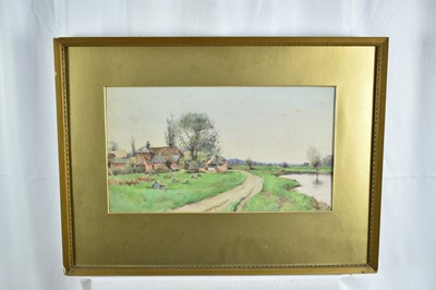 Lot 1063 - John Macintosh Macintosh (1847-1913) three watercolours - Bucklebury Common, 25cm x 37cm, Rural Farmstead, 25cm x 44cm and 'In the Lambourn Valley', 24cm x 29cm, each signed or monogrammed, in glaz...