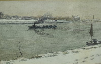 Lot 1064 - Alan Lansdown Walbank, early 20th century, pencil and watercolour - Thames in Winter, signed, 14cm x 22cm, in glazed gilt frame