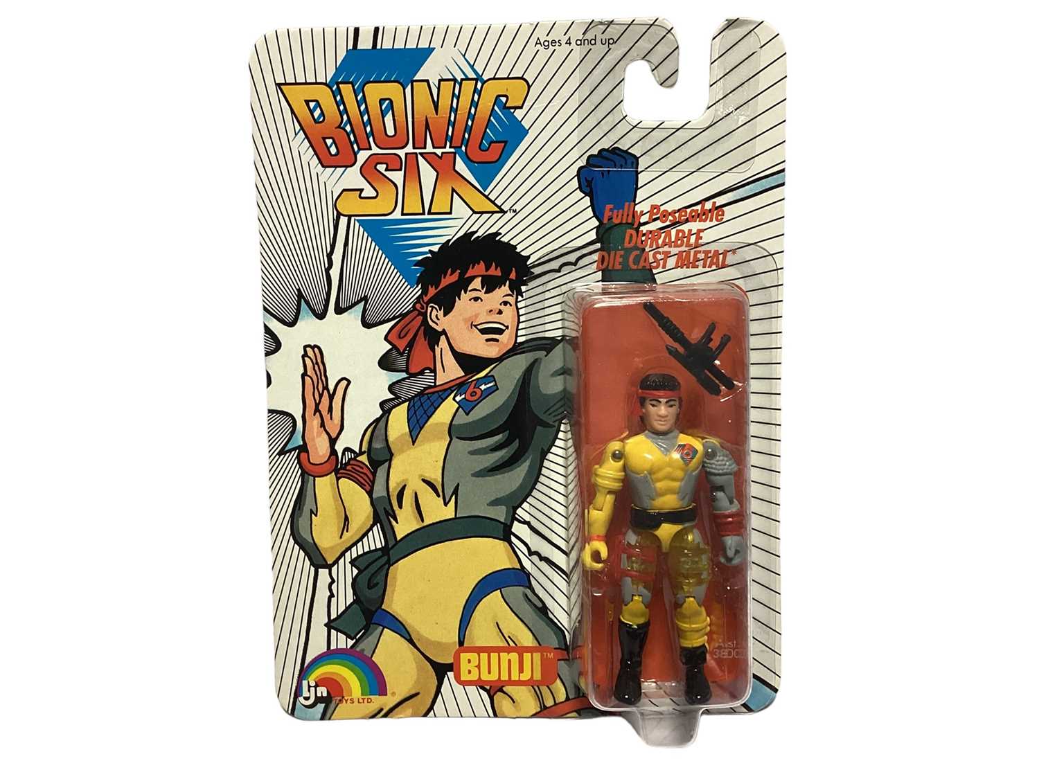 Lot 190 - LJN (1986) Bionic Six Bennett Family Brunji diecast 3 3/4" action figure, on card with bubblepack (1)