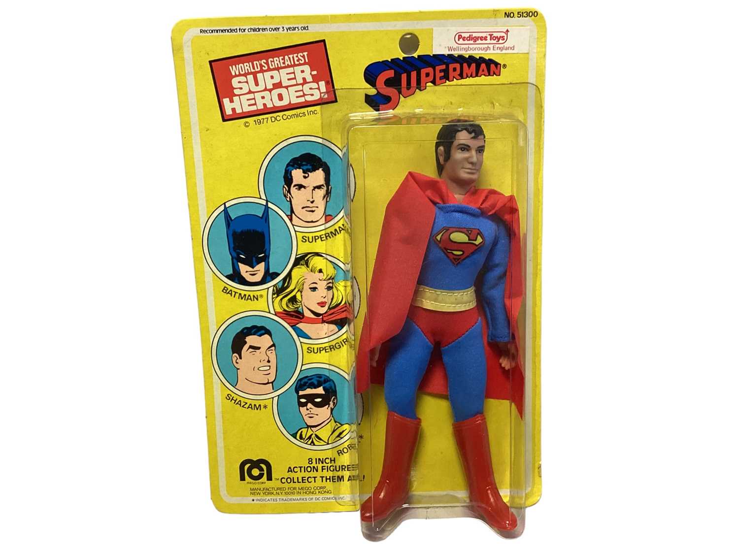 Lot 224 - Mego corp 1977 World's greatest Super-Heroes Superman 7 1/2" action figure, on card with bubblepack No.51300 (1)