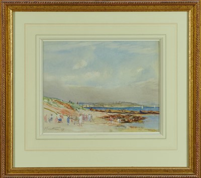 Lot 1071 - English School, early 20th century, watercolour - Figures in a Bay, indistinctly signed, 22cm x 28cm, in glazed gilt frame