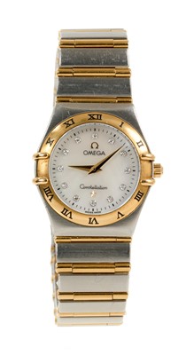 Lot 717 - Ladies Omega Constellation gold and stainless steel wristwatch, the mother of pearl dial with diamond dot hour markers