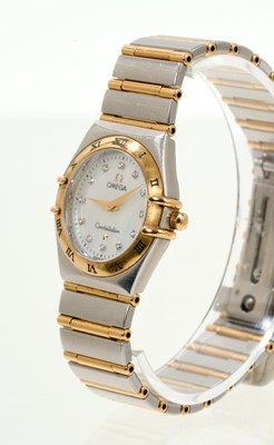 Lot 717 - Ladies Omega Constellation gold and stainless steel wristwatch, the mother of pearl dial with diamond dot hour markers