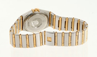 Lot 717 - Ladies Omega Constellation gold and stainless steel wristwatch, the mother of pearl dial with diamond dot hour markers