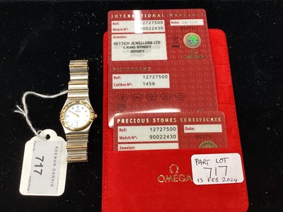 Lot 717 - Ladies Omega Constellation gold and stainless steel wristwatch, the mother of pearl dial with diamond dot hour markers