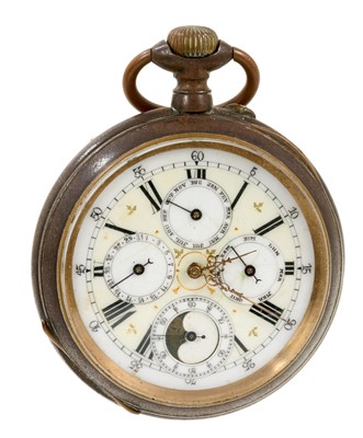 Lot 708 - Early 20th century Goliath calendar pocket watch with lunar phase, day, date and month and subsidiary seconds