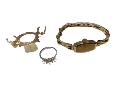 Lot 5 - Ladies 9ct gold wristwatch on 9ct gold expandable bracelet, gold dentures and a white metal ring mount