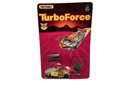 Lot 209 - Matchbox (1987) Turbo Force vehicle Street Eater (x2), Barrel Bomber (x2) & Speed King, plus RoadBlasters Streaker & Turbo Force Squadron Set,  all on card with bubblepack (7)