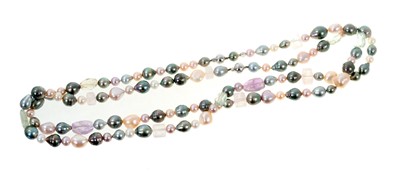 Lot 583 - Two Tahitian cultured pearl, freshwater pearl and multicolour quartz necklaces by Schoeffel, originally purchased as one long 135cm necklace and then restrung as two necklaces, with 18ct white gold...