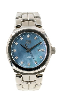 Lot 721 - Ladies Tag Heuer Link stainless steel wristwatch, reference WBC1313, with blue mother of pearl dial with diamond dot hour markers and date aperture in circular stainless steel 31mm case on stainles...