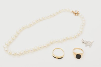 Lot 603 - Cultured pearl necklace with a string of 6.7mm cultured pearls on 9ct gold clasp, 18ct black onyx and diamond ring, 9ct gold and onyx signet ring and a diamond set elephant pendant with pavé set br...