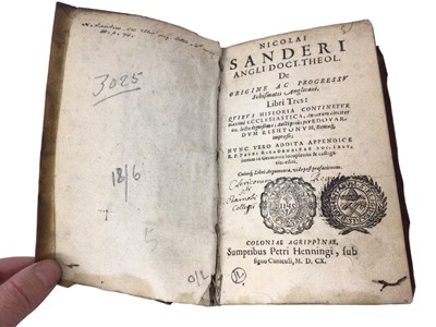 Lot 787 - Nicholas Sanders (edited by Ed Rishton) De Origine ac progressu schismatis Anglicani, Cologne 1610, with appendix, early calf binding, titled to the spine, 16cm high