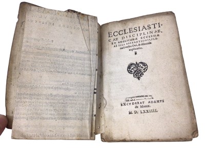 Lot 786 - Walter Travers - Ecclesiasticae disciplinae, et Anglicanae ecclesiae ab illa aberrationis, stating printed by Adam de Monte in 1574, but known to be a false imprint, early full calf octavo, 15cm hi...