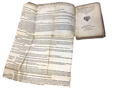 Lot 1776 - Walter Travers - Ecclesiasticae disciplinae, et Anglicanae ecclesiae ab illa aberrationis, stating printed by Adam de Monte in 1574, but known to be a false imprint, early full calf octavo, 15cm hi...