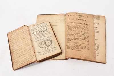 Lot 785 - Paraphrase des Institutions de l'Empereur Justinian, Contenant une claire explication du texte latin, avec beaucoup de réflexions morales et politiques par M. Pelisson, publication details state 15...