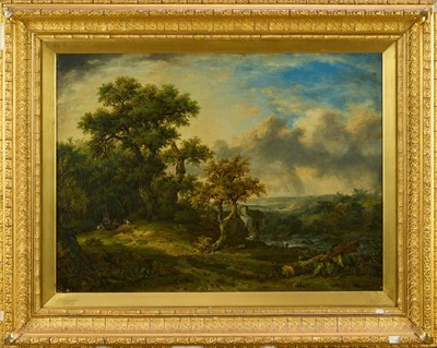 Lot 1017 - English School, 19th century, oil on canvas - Figures at rest in extensive landscape, 46cm x 61cm, in glazed gilt frame