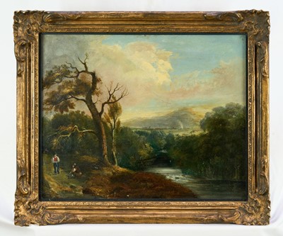 Lot 1019 - Attributed to Charlotte Nasmyth (1804-1884) oil on board - Figures beside a River in Extensive Landscape, 36cm x 45cm, in glazed gilt frame