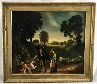 Lot 218 - 19th century naive school, oil on panel, figures walking with a dog, 29 x 34cm, framed Provenance: The Angela Kay Collection.