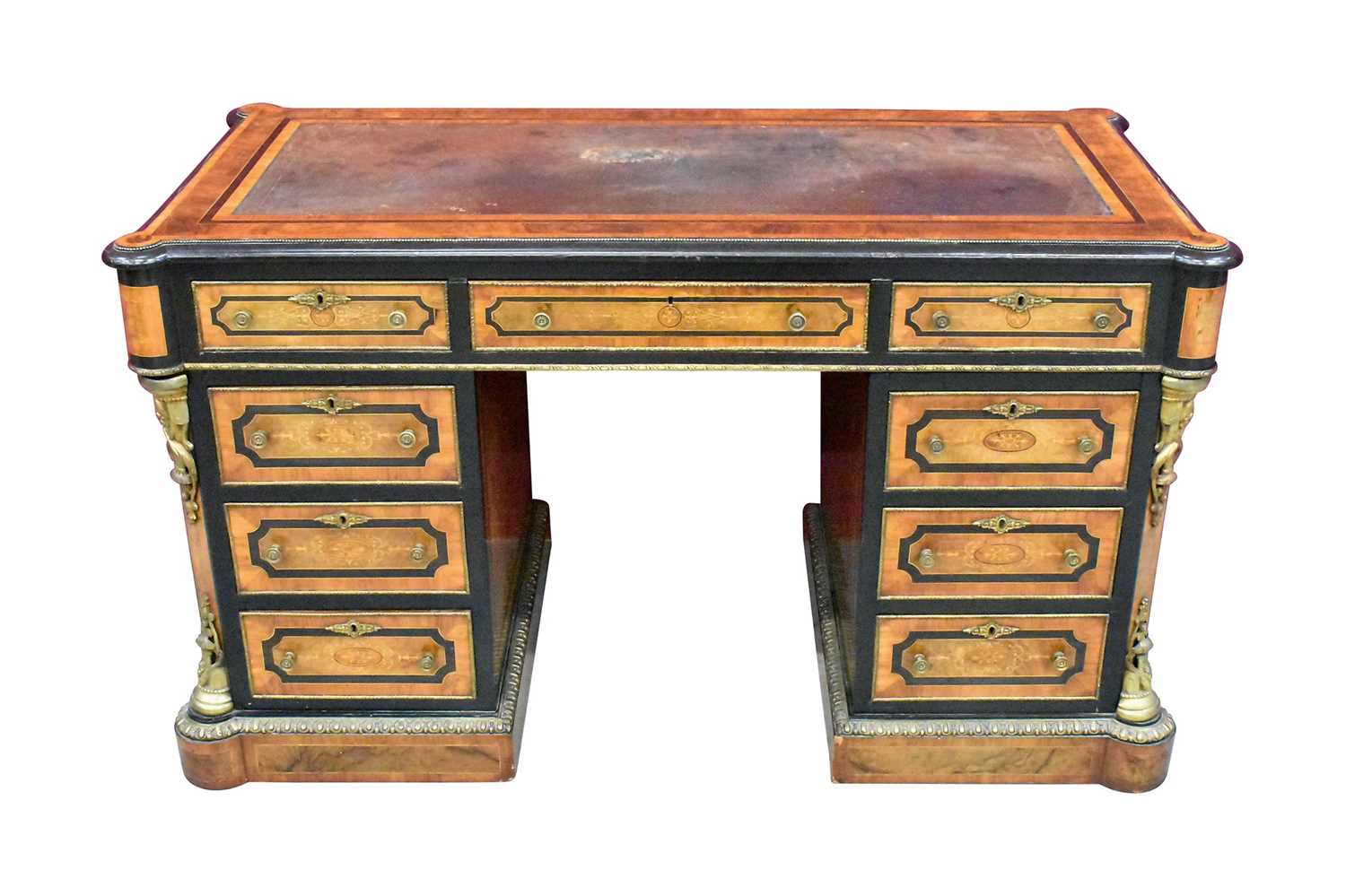 Lot 1388 - Fine mid-Victorian figured walnut, kingwood crossbanded and gilt metal mounted  pedestal desk