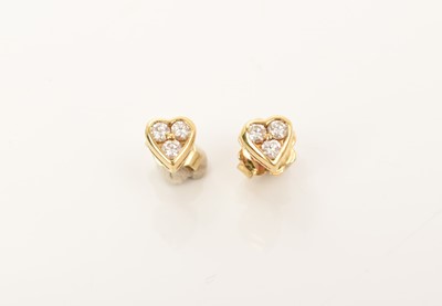 Lot 436 - Pair of diamond heart shape earrings, each with three brilliant cut diamonds in 18ct heart shape setting