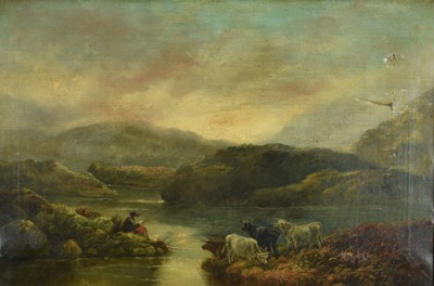 Lot 1126 - John Joseph Barker of Bath (1769-1847) pair of oils on canvas - Scottish Highland landscapes with Cattle, one with a Highlander, one signed (2)