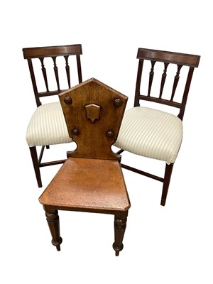 Lot 1459 - Pair of Regency mahogany side chairs and a Victorian oak hall chair