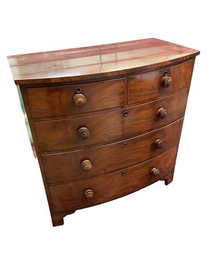 Lot 1269 - Victorian mahogany bowfront chest of two short over three long graduated drawers on bracket feet, 98cm wide x 55cm deep x 99cm high