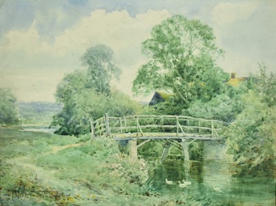 Lot 1202 - Henry Sylvester Stannard (1870-1951) watercolour - "Rustic Bridge by the Mill, Tempsford, near St. Neots", signed, 26cm x 35cm, in glazed gilt frame