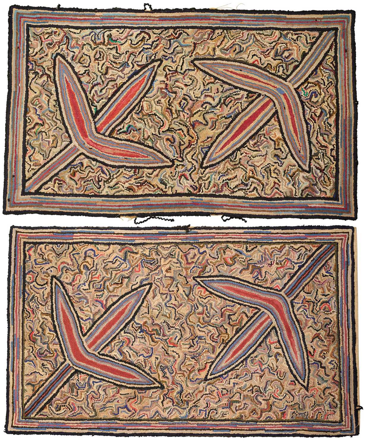 Lot 1580 - Omega style pair of hand woven rugs with abstract design, 132 x 82cm
