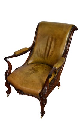 Lot 1379 - Good quality early Victorian leather upholstered rosewood open armchair