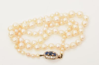 Lot 678 - Cultured pearl necklace with a string of graduated cultured pearls measuring approximately 3.5mm -7.75mm on an antique sapphire and diamond cluster clasp, 56cm.