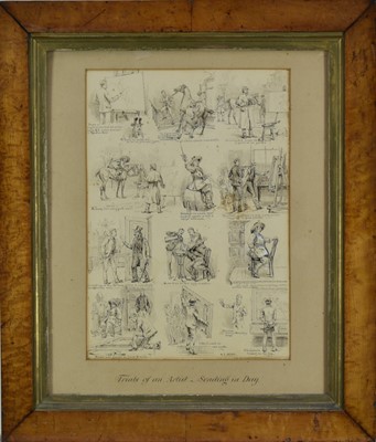 Lot 1207 - Stephen Thomas Dadd (1858-1917) pen and ink illustration, 'Trials of an Artist - Sending in Day', 38cm x 27cm, in glazed maple veneered frame