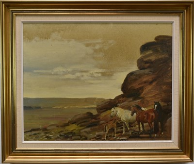 Lot 1016 - *Richard John Munro Dupont (1920-1977) oil on canvas - Dartmoor Ponies in the Lee of a Tor, signed, 40 x 51cm, in gilt frame