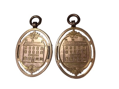 Lot 19 - Pair of unusual 9ct gold publicans' pendant fobs engraved with the Fforchneol Arms