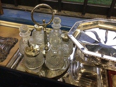 Lot 65 - Group of silver plate, including a cruet on stand, cased items, tray, etc