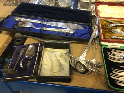 Lot 65 - Group of silver plate, including a cruet on stand, cased items, tray, etc