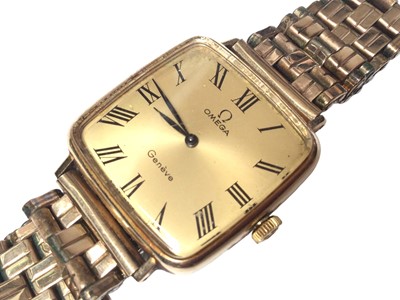 Lot 243 - 1970s Gentleman's Omega wristwatch in gold plated square case, manual wind movement on plated bracelet