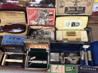 Lot 2410 - Box of vintage shaving equipment including razors, shaving brush, etc, mostly boxed