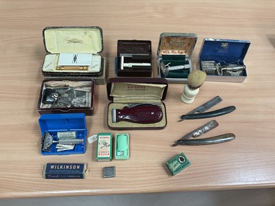 Lot 2410 - Box of vintage shaving equipment including razors, shaving brush, etc, mostly boxed