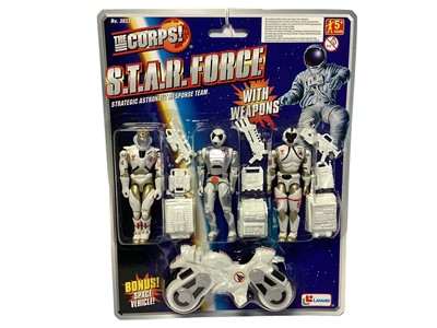 Lot 355 - Lanard (c1997) The Corps S.T.A.R. Force (Strategic Astronaut Response Team) Triple Pack 3 1/2" action figures with weapons and accessories, on card with bubblepack No.3833 (3)