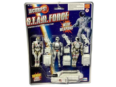 Lot 355 - Lanard (c1997) The Corps S.T.A.R. Force (Strategic Astronaut Response Team) Triple Pack 3 1/2" action figures with weapons and accessories, on card with bubblepack No.3833 (3)
