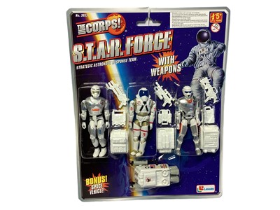 Lot 355 - Lanard (c1997) The Corps S.T.A.R. Force (Strategic Astronaut Response Team) Triple Pack 3 1/2" action figures with weapons and accessories, on card with bubblepack No.3833 (3)