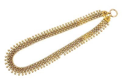 Lot 506 - Victorian Etruscan Revival gold collar necklace, with articulated links, applied gold filigree and gold beaded fringe, 37cm.