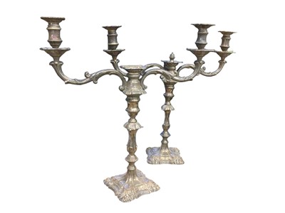 Lot 63 - Pair of Georgian Old Sheffield plate candlesticks with associated twin branch candelabra tops