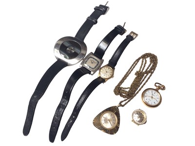 Lot 34 - 18ct gold cased ladies Tissot watch, 1970s Longines wristwatch, two other wristwatches, gold plated Woodford fob watch and a Smiths watch pendant on chain