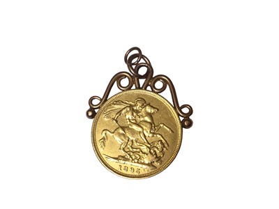Lot 144 - Victorian gold sovereign, 1895, on a yellow metal pendant mount