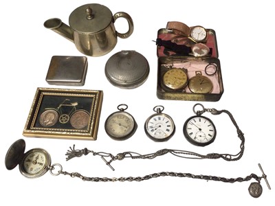 Lot 147 - Two silver cased pocket watches, two white metal fancy link watch chains, pocket barometer, compass and sundries